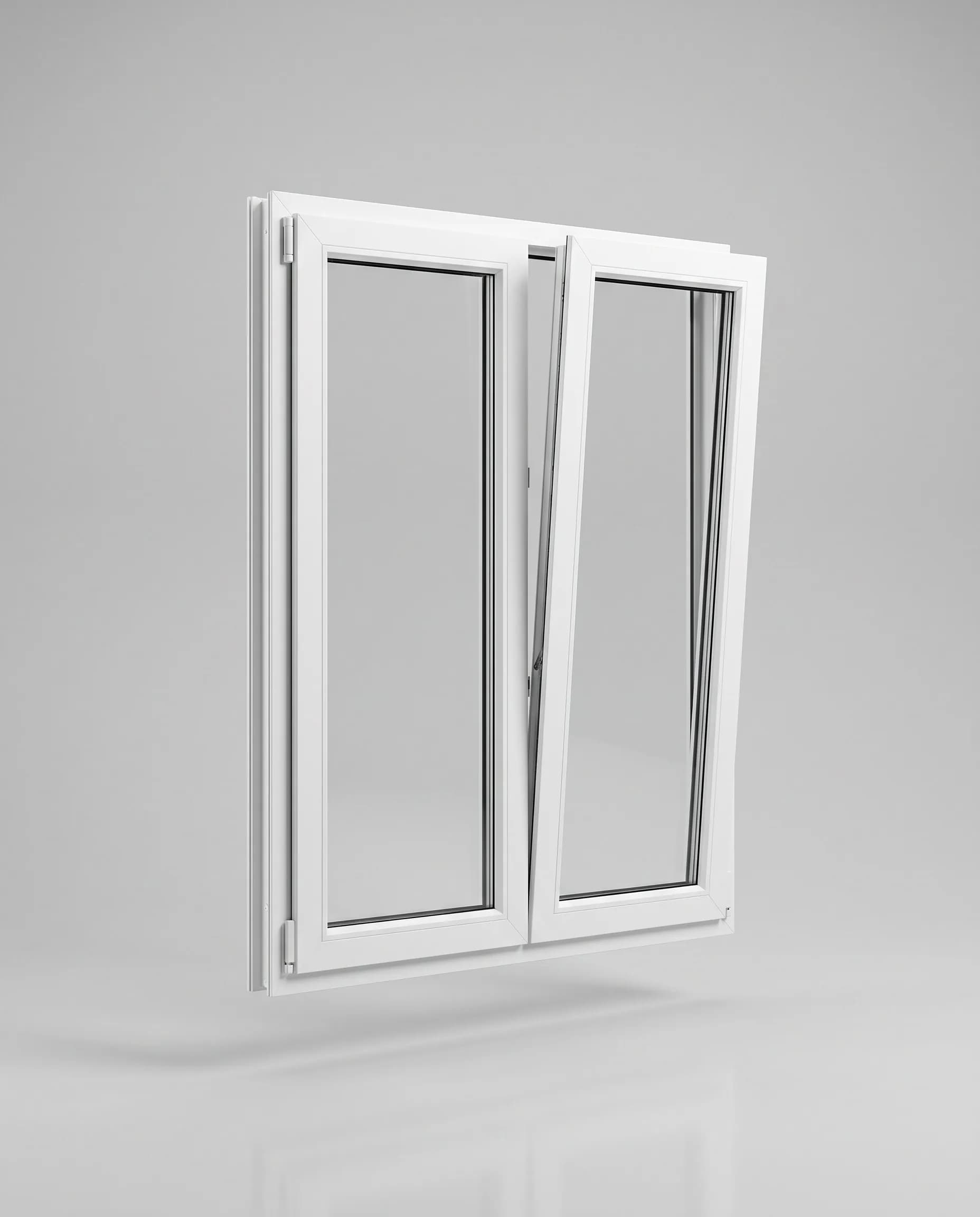 Ventana de PVC blanca de dos hojas con termopanel, fabricada a medida por DM Cristales