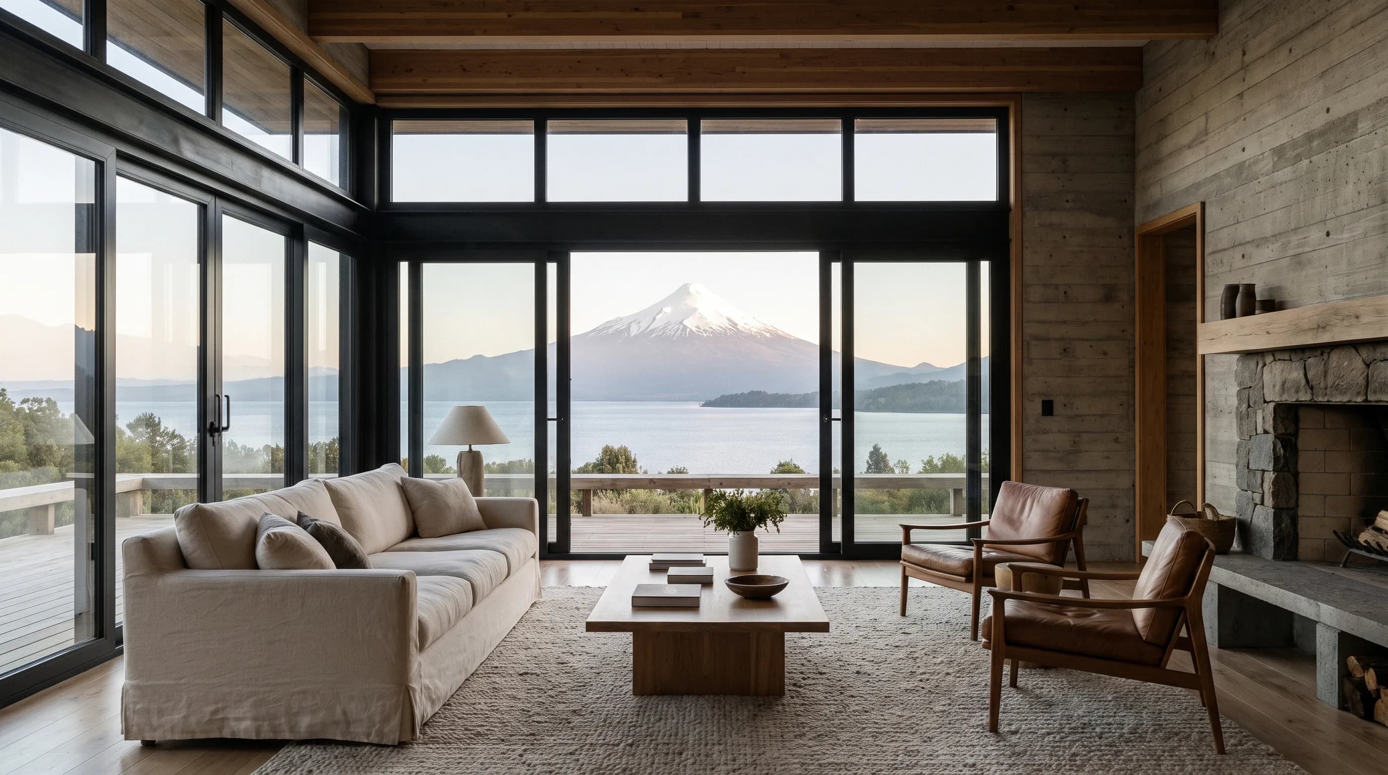Living con ventanales de PVC negro de piso a cielo con vista a un volcán del sur de Chile