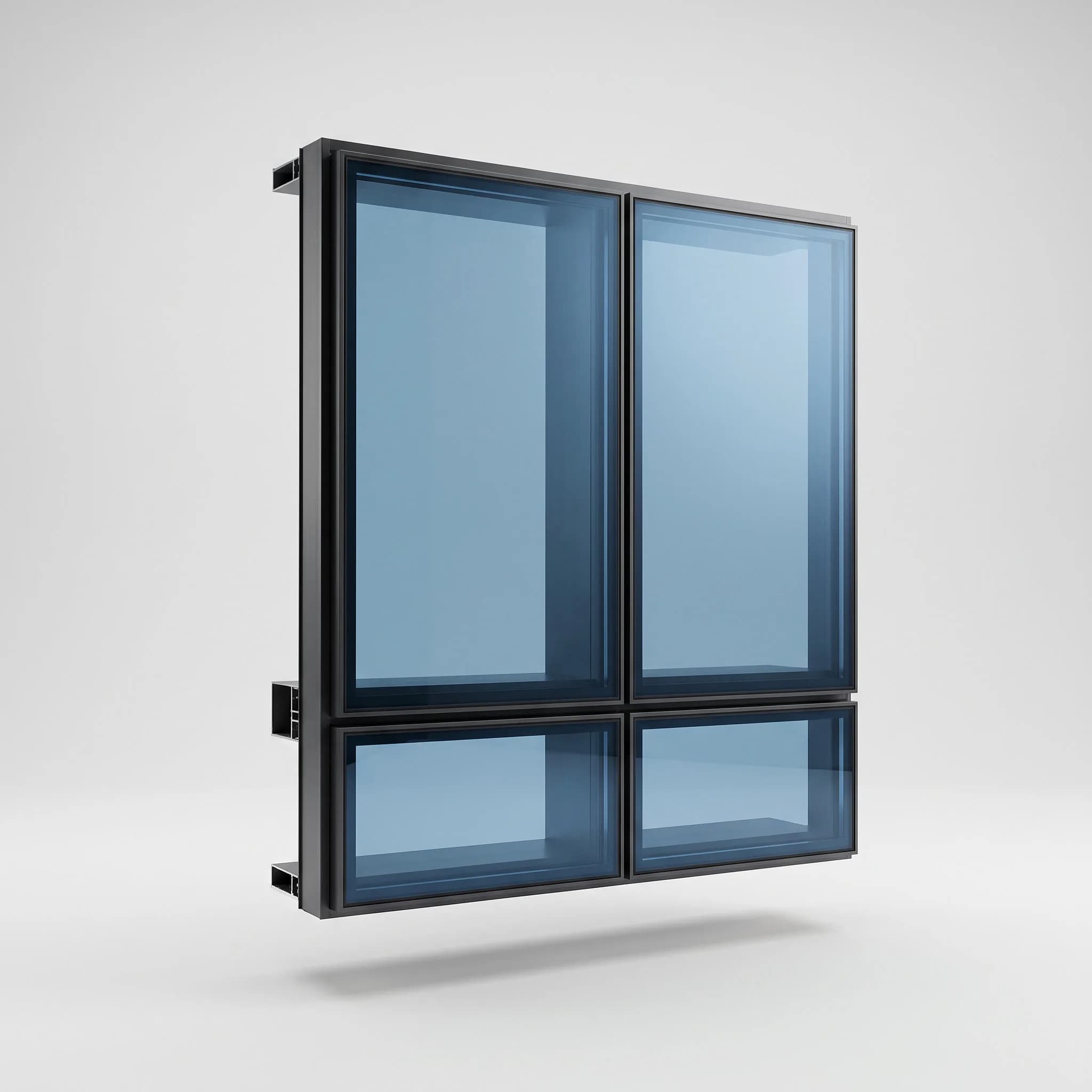 Módulo de muro cortina de aluminio y cristal azulado, foto de catálogo