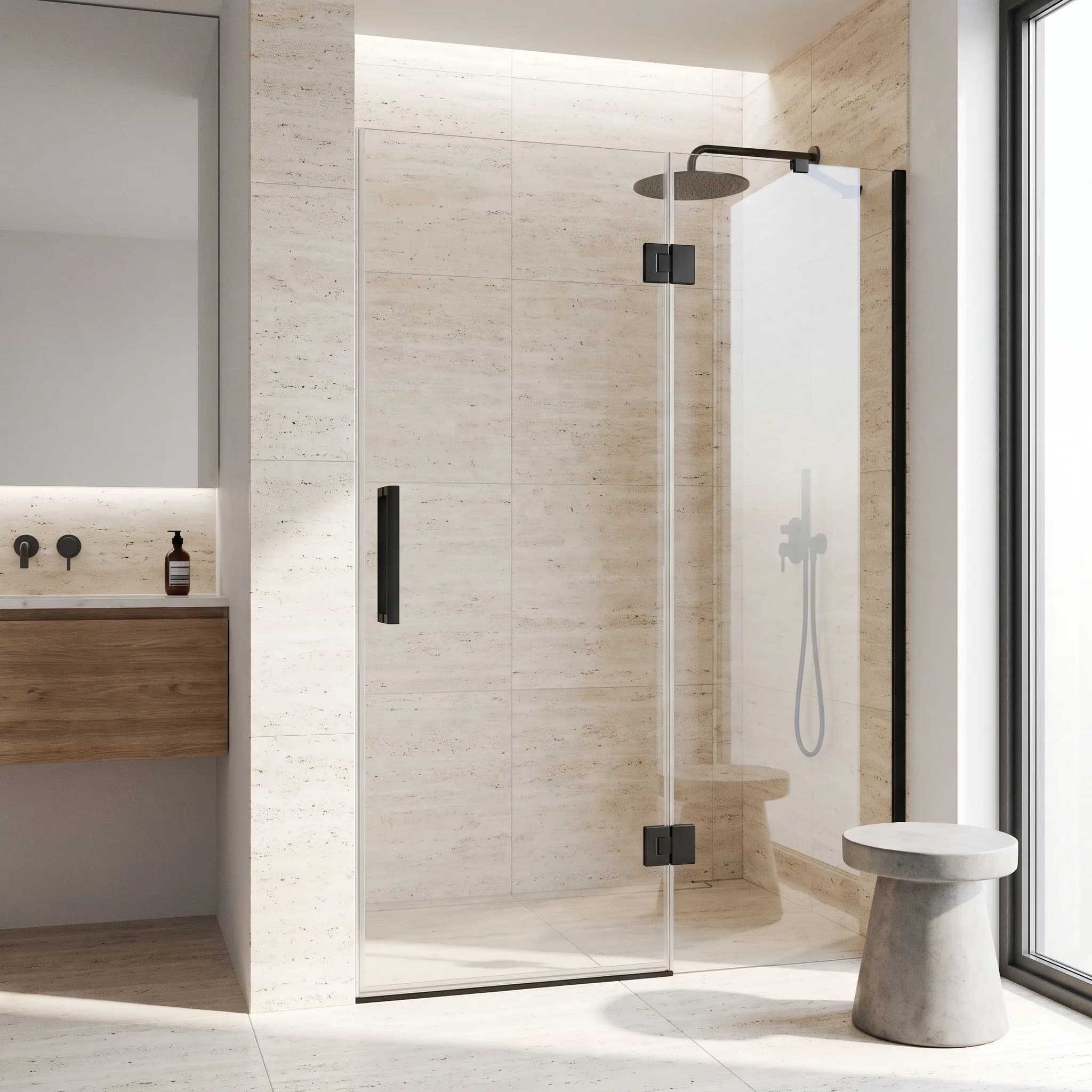 Shower door de cristal templado sin marco con herrajes negros